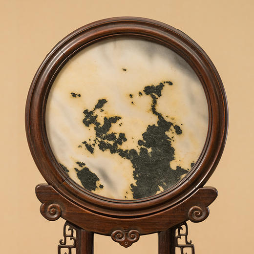 清 红木镶云石透雕蝠纹圆形插屏 商品图2