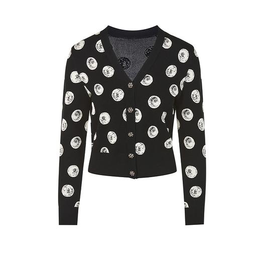 朗姿黑色V领羊毛针织衫女印花撞色高级感开衫LSEK00KCD401B01 商品图4