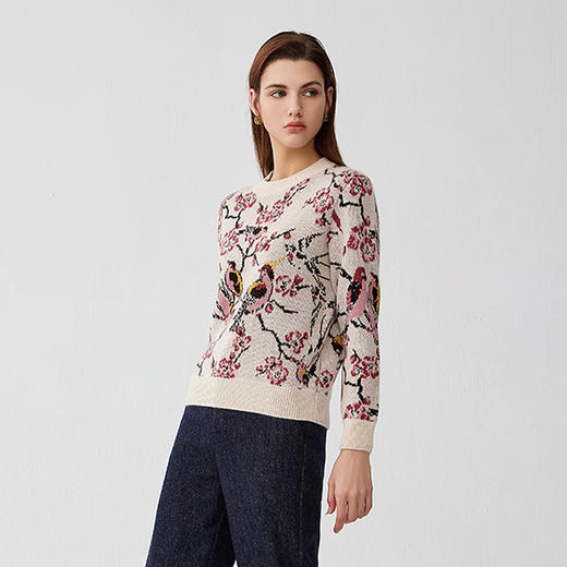 【纯羊绒花鸟提花羊绒衫】羊绒世家秋冬新品女士100%山羊绒内搭保暖毛衣 商品图2