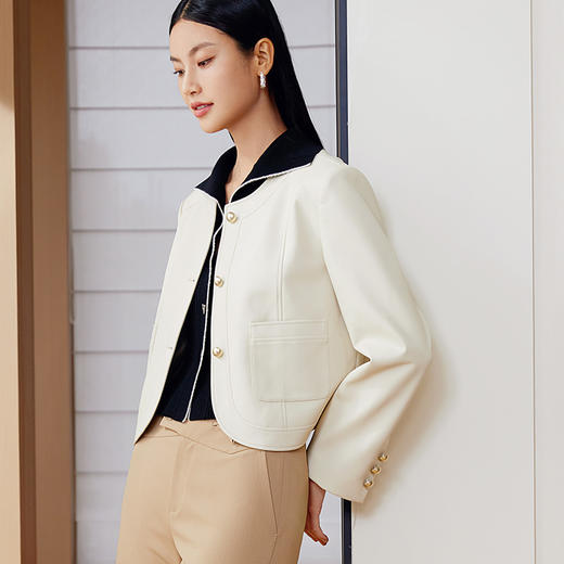 玳莎圆领高级感皮衣女2024年春季新款时尚职场通勤宽松PU皮短外套 EA37307 商品图1