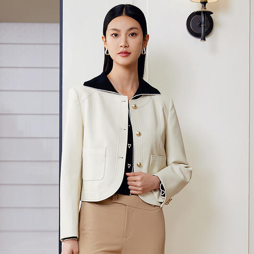 玳莎圆领高级感皮衣女2024年春季新款时尚职场通勤宽松PU皮短外套 EA37307 商品图0