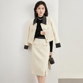 高级感小香风套装，名媛翻领撞色短外套+直筒半裙两件套WLZD-2323302
