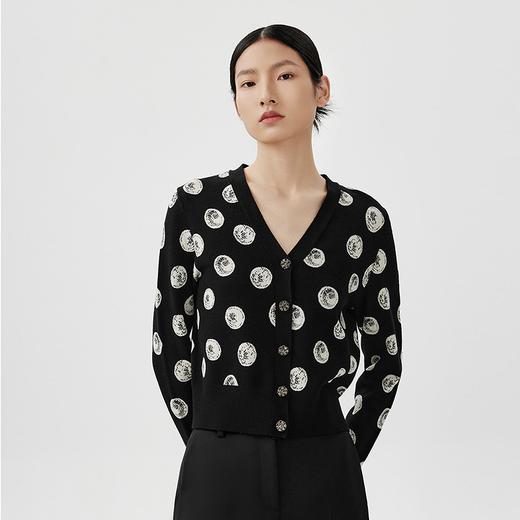 朗姿黑色V领羊毛针织衫女印花撞色高级感开衫LSEK00KCD401B01 商品图3