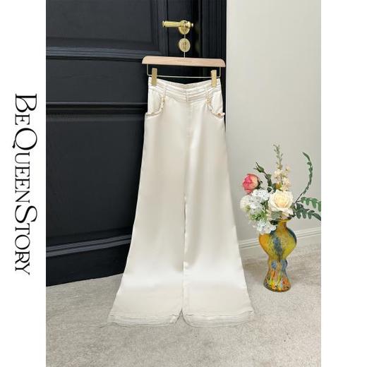 【大货，不退不换】  【春和景明】 新中式直筒醋酸桑蚕丝拼接欧根纱休闲裤 商品图2