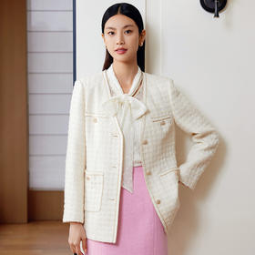 玳莎小香风毛呢外套女2024年春季新款职场通勤宽松V领中长款大衣  EA37301