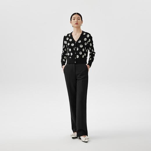 朗姿黑色V领羊毛针织衫女印花撞色高级感开衫LSEK00KCD401B01 商品图1