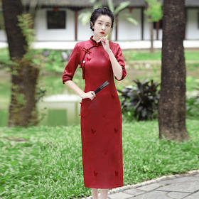 MLS-6288麂皮绒烫金绣花长款旗袍 秋冬新款清新少女优雅烫金中袖修身