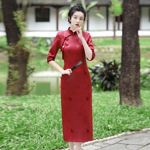 MLS-6288麂皮绒烫金绣花长款旗袍 秋冬新款清新少女优雅烫金中袖修身 商品图0
