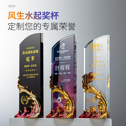 定制水晶奖杯风生水起荣誉奖牌黑色大气团队奖励优秀员工刻字订制 · 弧形雕刻+树脂 商品图0