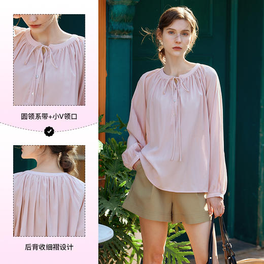 OLrain欧芮儿浅粉色雪纺衫女春季2024年新款宽松系带泡泡袖衬衫 商品图2