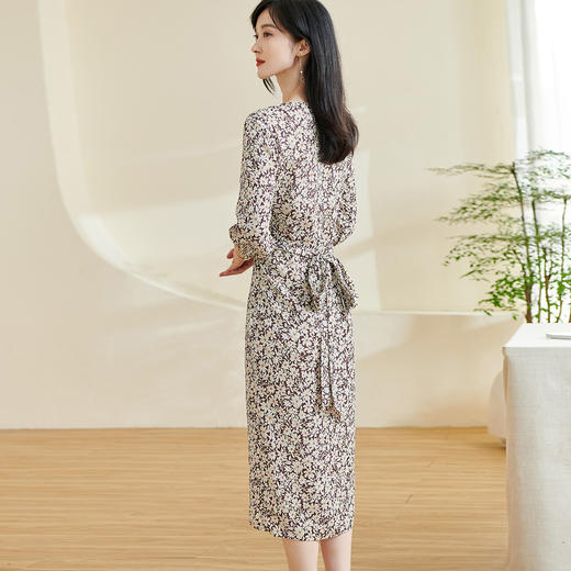 米思阳2026春季新款法式气质碎花茶歇连衣裙v领七分袖开叉裙子女0323 商品图3