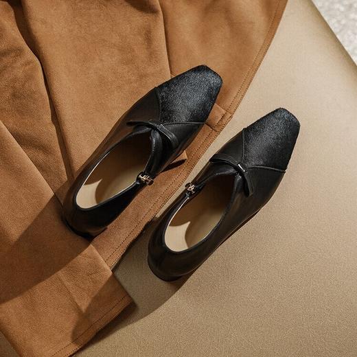 尖头蝴蝶结侧拉链深口单鞋，牛皮马毛拼接复古低跟皮鞋裸靴MCC&C9580 商品图4