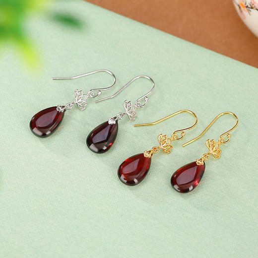 S925纯银镀金，血珀复古气质莲花水滴耳坠优雅简约百搭银耳钩CW-EG01895 商品图0