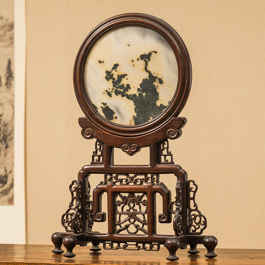 清 红木镶云石透雕蝠纹圆形插屏 商品图4