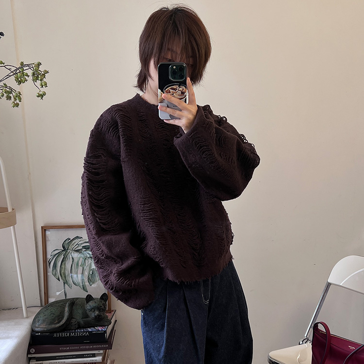 Azure Pepper强缩绒羊毛手工剪边双面提花宽松套头毛衣