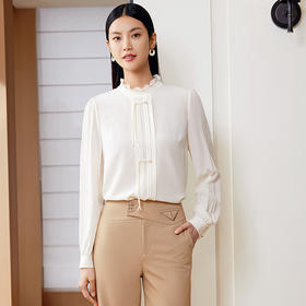 玳莎新中式100%真丝衬衫女2024年春季新款花边圆领设计感长袖上衣  EA31301