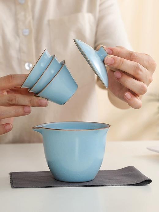 【GZ】无忧购汝窖快客杯陶瓷旅行茶具一壶三杯（灰色皮包）（截单后7天发货) 商品图4