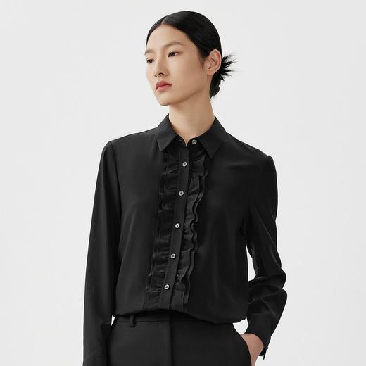 LANCY/朗姿黑色修身碎褶衬衫女长袖桑蚕丝高级感上衣LSEK00WBL103B01 商品图0
