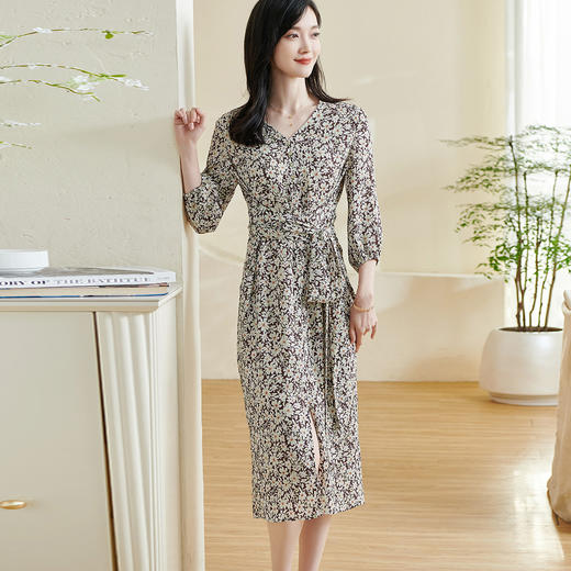 米思阳2026春季新款法式气质碎花茶歇连衣裙v领七分袖开叉裙子女0323 商品图2