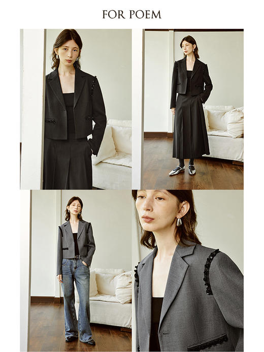 ForPoem 现货 24/SS原创设计立体花装饰边短款羊毛西装外套 商品图1