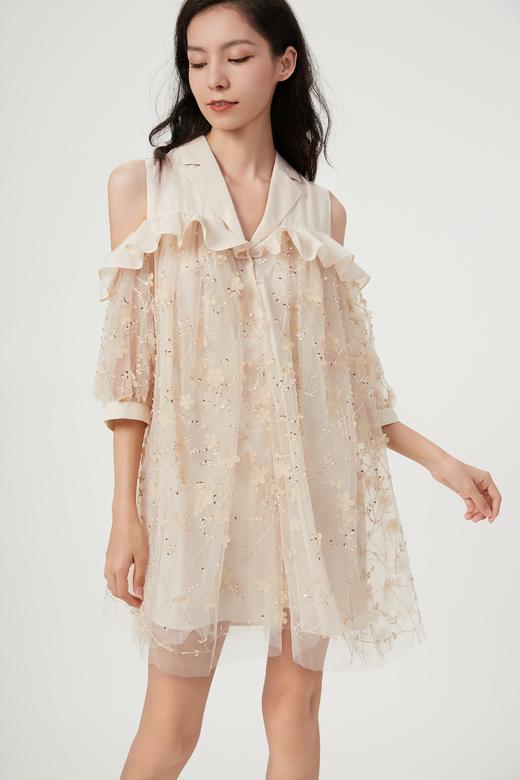 花朝月夜水晶枝叶香槟色露肩连衣裙 商品图1