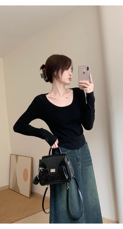 【YW】无忧购早春韩版纯欲百搭显瘦螺纹棉下摆圆弧小衫6118 商品图6