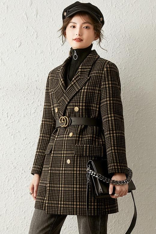 LOUIS YAO/白鹿语 宽松翻领格纹中长款加棉毛呢西装外套 14740 商品图3