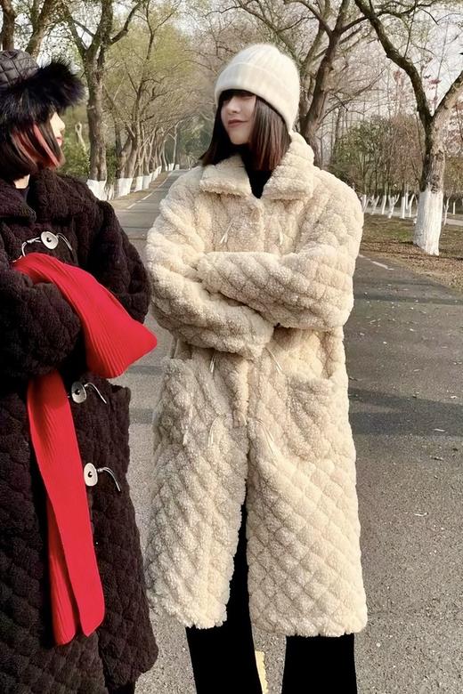 Kai & Kiera 浅咖色厚款格纹毛绒大衣外套 17515 商品图1