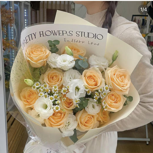 【阳光印记】11支香槟玫瑰➕白色桔梗。精品时尚花束 商品图1