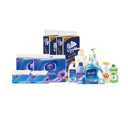 套餐二:维达抽纸6包*2提+维达卷纸10卷*2提+阿道夫洗发水750g+阿道夫沐浴露800g+ 蓝月亮家清清洁7件套 商品图0