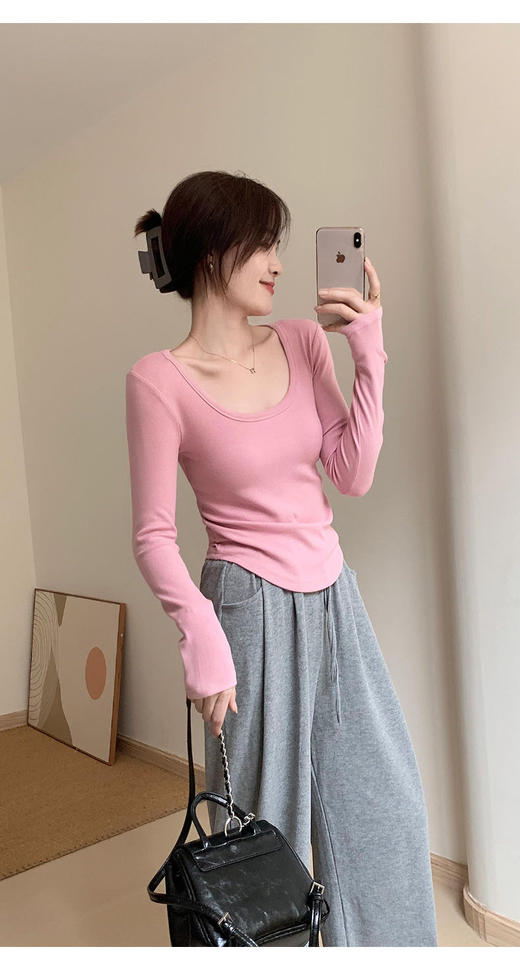 【YW】无忧购早春韩版纯欲百搭显瘦螺纹棉下摆圆弧小衫6118 商品图1