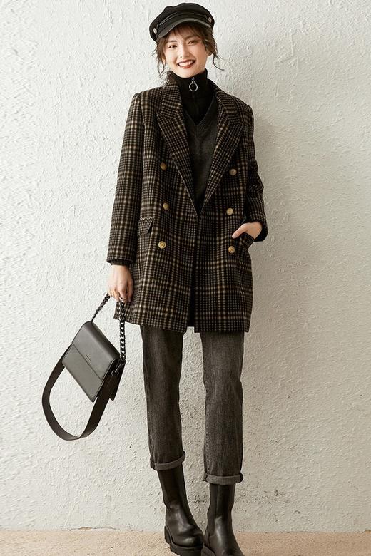 LOUIS YAO/白鹿语 宽松翻领格纹中长款加棉毛呢西装外套 14740 商品图2
