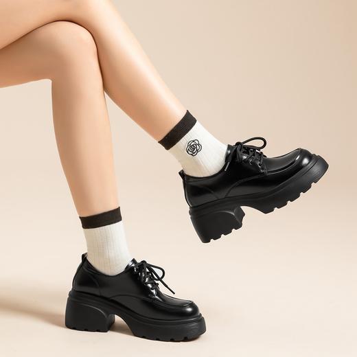 ZHR英伦单鞋女2024新款松糕复古厚底显高皮鞋百搭系带通勤乐福鞋 商品图2
