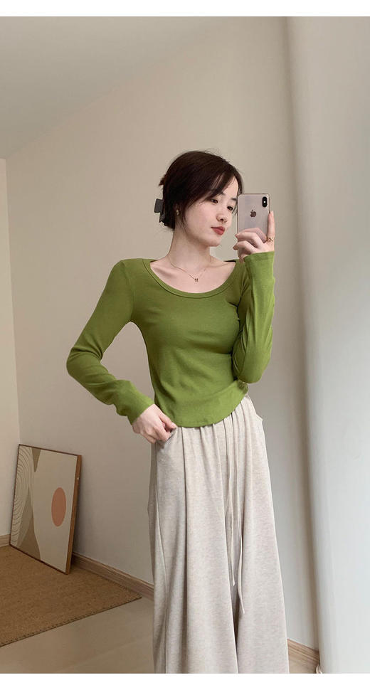 【YW】无忧购早春韩版纯欲百搭显瘦螺纹棉下摆圆弧小衫6118 商品图4