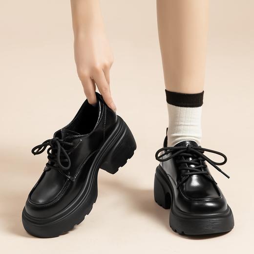 ZHR英伦单鞋女2024新款松糕复古厚底显高皮鞋百搭系带通勤乐福鞋 商品图1