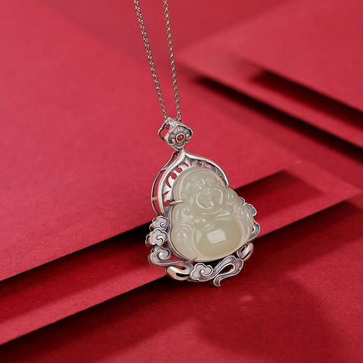 【弥勒佛】S925银南红和田玉复古祥云吊坠【CW-DZ06128】 商品图1