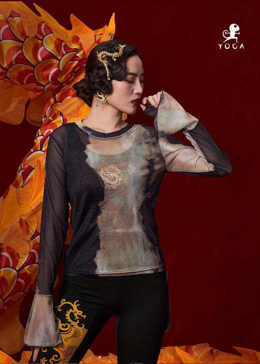 壁虎瑜伽【2312SY284】扎染网纱高弹长袖【5天发货】 商品图0