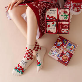 龙年新年红袜子【节日鸿运袜 郁金香气质 复古风】女士中筒袜 原创设计款