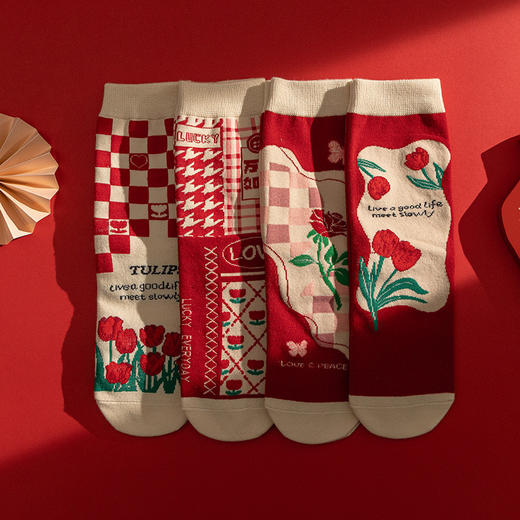 龙年新年红袜子【节日鸿运袜 郁金香气质 复古风】女士中筒袜 原创设计款 商品图9