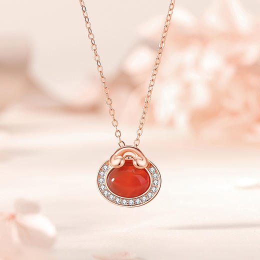 原创如意锁【福袋项链女 纯银复古中国风 】福字吊坠 玫瑰金 红玛瑙 锁骨链 商品图4