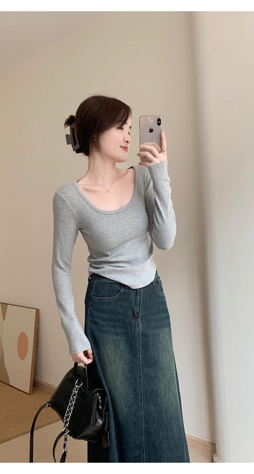 【YW】无忧购早春韩版纯欲百搭显瘦螺纹棉下摆圆弧小衫6118 商品图2