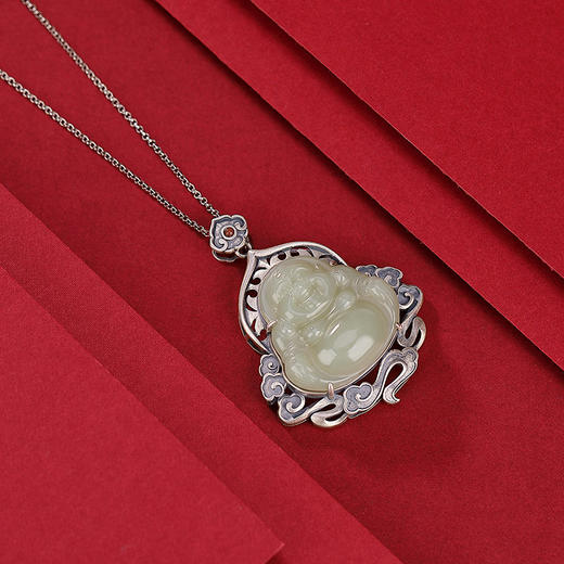 【弥勒佛】S925银南红和田玉复古祥云吊坠【CW-DZ06128】 商品图2