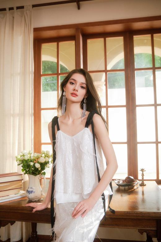 白色银河亮片鸵鸟毛直筒半裙 商品图1