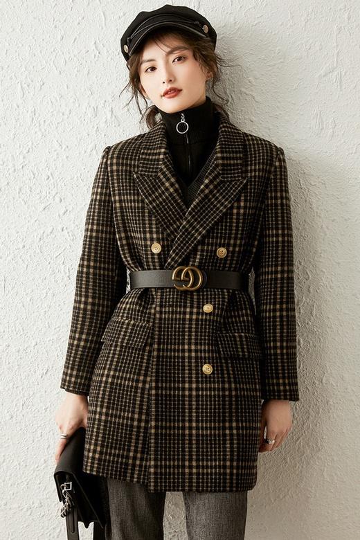 LOUIS YAO/白鹿语 宽松翻领格纹中长款加棉毛呢西装外套 14740 商品图0