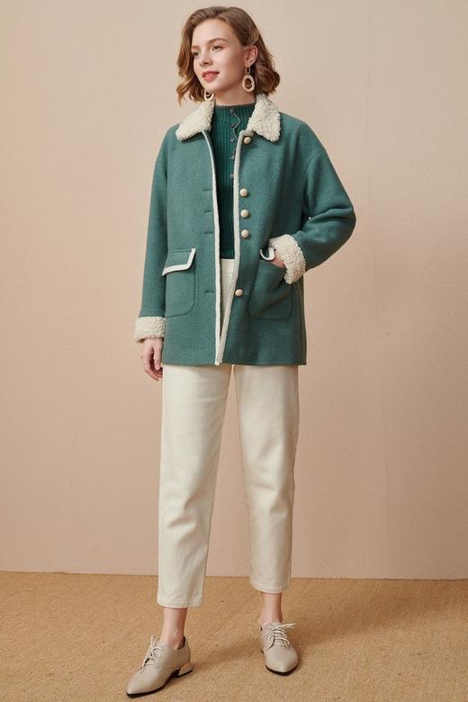 OUNIXUE/欧昵雪 直筒拼接毛绒翻领宽松毛呢外套 14747 商品图1