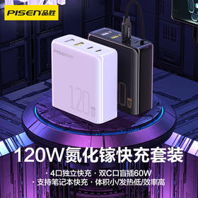 品胜 120W氮化镓快充充电器 4口同充 2USB+2Type-C口一拖四插头 支持笔记本电脑苹果华为手机闪充充电头