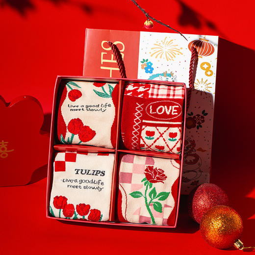 龙年新年红袜子【节日鸿运袜 郁金香气质 复古风】女士中筒袜 原创设计款 商品图2