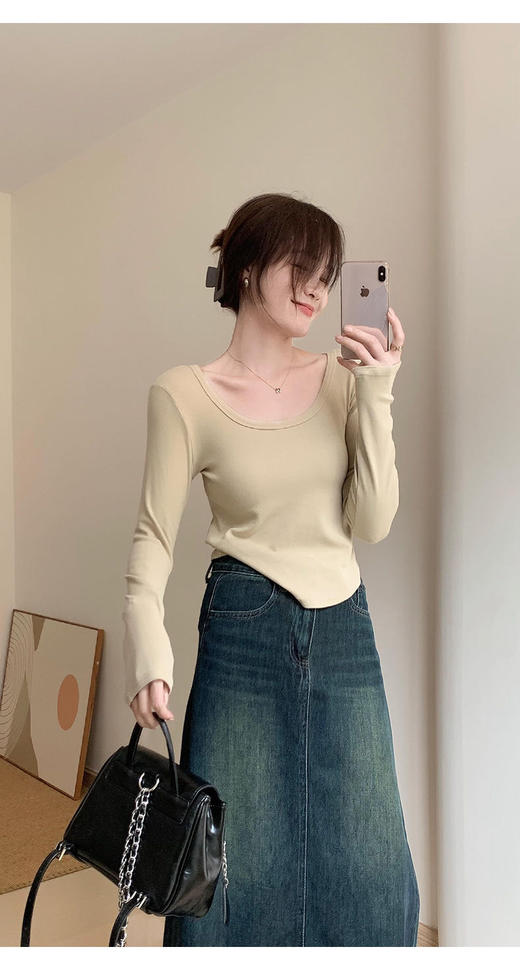 【YW】无忧购早春韩版纯欲百搭显瘦螺纹棉下摆圆弧小衫6118 商品图7