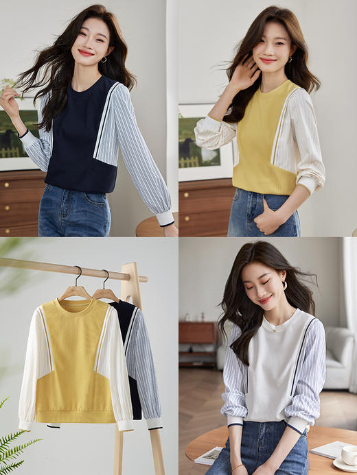 【1件75折】熙世界拼接假两件卫衣2025秋新款洋气设计感圆领肌理针织上衣女 商品图2