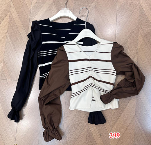 【门店同款】ENJOY秋季条纹抽褶拼接上衣 154420446 商品图0